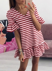 Red Striped V Neck Flounce Sleeve Loose Ruffle Mini Dress