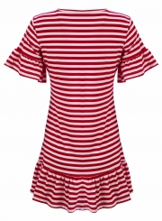 Red Striped V Neck Flounce Sleeve Loose Ruffle Mini Dress