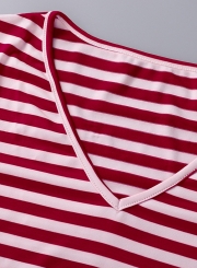 Red Striped V Neck Flounce Sleeve Loose Ruffle Mini Dress