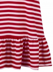 Red Striped V Neck Flounce Sleeve Loose Ruffle Mini Dress