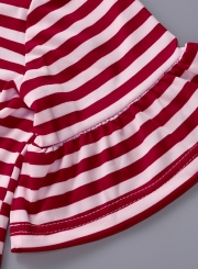 Red Striped V Neck Flounce Sleeve Loose Ruffle Mini Dress