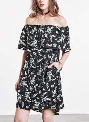 Black Chiffon Floral Print Off Shoulder Short Sleeve Loose A-line Midi Dress