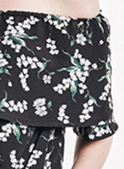 Black Chiffon Floral Print Off Shoulder Short Sleeve Loose A-line Midi Dress