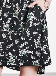 Black Chiffon Floral Print Off Shoulder Short Sleeve Loose A-line Midi Dress