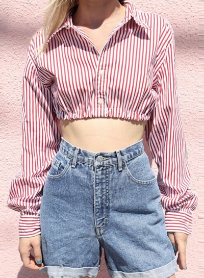 Casual Pink Striped Long Sleeve Button Down Crop Top Shirt STYLESIMO.com