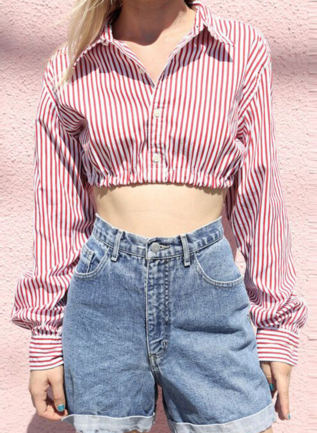 Casual Pink Striped Long Sleeve Button 