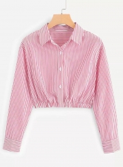 Casual Pink Striped Long Sleeve Button Down Crop Top Shirt