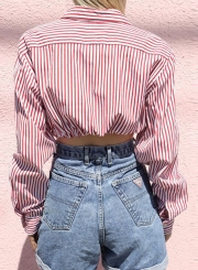 Casual Pink Striped Long Sleeve Button Down Crop Top Shirt