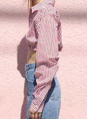 Casual Pink Striped Long Sleeve Button Down Crop Top Shirt