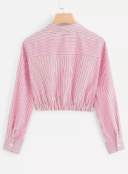 Casual Pink Striped Long Sleeve Button Down Crop Top Shirt