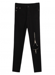 Black Casual Destroyed Ripped Zip Design Pencil Pants