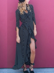 Black High Waist Polka Dot Slit Maxi Dress