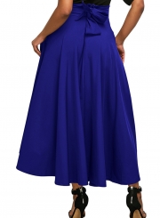 Blue Solid High Waist Pockets Bow Tie Pleated Swing Long Skirts