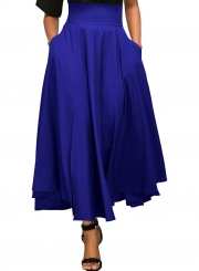 Blue Solid High Waist Pockets Bow Tie Pleated Swing Long Skirts