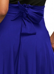 Blue Solid High Waist Pockets Bow Tie Pleated Swing Long Skirts