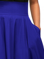 Blue Solid High Waist Pockets Bow Tie Pleated Swing Long Skirts