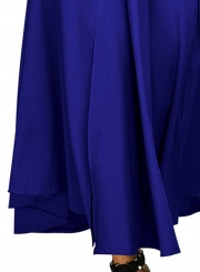 Blue Solid High Waist Pockets Bow Tie Pleated Swing Long Skirts