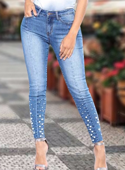 Destroyed Ripped Distressed Beading Design Ankle Length Jeans STYLESIMO.com