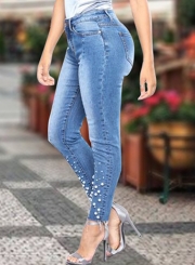Destroyed Ripped Distressed Beading Design Ankle Length Jeans