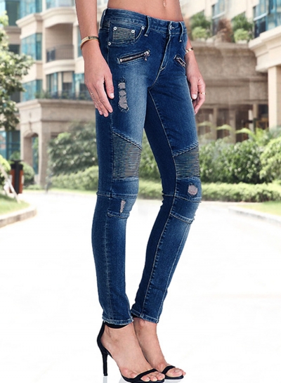 Casual Stretch Ripped Mid Waist Elasticity Slim Fit Jeans