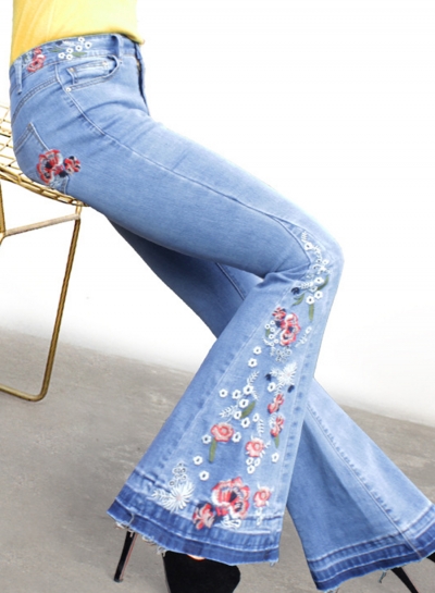 Blue Slim Embroidered Faded Flared Jeans STYLESIMO.com
