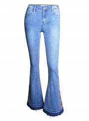 Blue Slim Embroidered Faded Flared Jeans