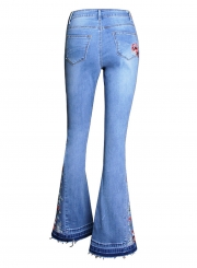 Blue Slim Embroidered Faded Flared Jeans