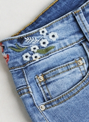 Blue Slim Embroidered Faded Flared Jeans