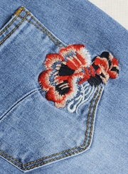 Blue Slim Embroidered Faded Flared Jeans