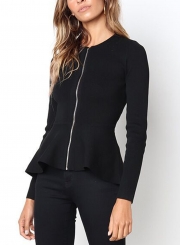 Black Casual Round Neck Long Sleeve Full Zip Slim Blouse