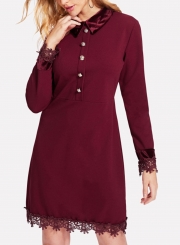 Burgundy Lapels Lace Hem Slim Button Down Dress