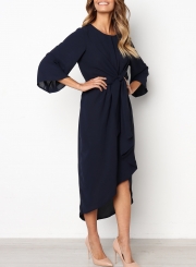 Navy Waist Bow Design Irregular High Low Dress