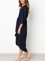 Navy Waist Bow Design Irregular High Low Dress