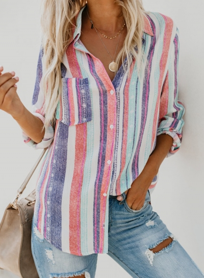 Multi Casual Striped Turn-Down Collar Long Sleeve Loose Button Down Shirt