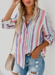 Multi Casual Striped Turn-Down Collar Long Sleeve Loose Button Down Shirt