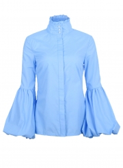 Blue Women's High Neck Long Wide Lantern Sleeve Solid Button Down Shirt