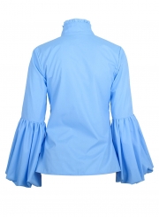 Blue Women's High Neck Long Wide Lantern Sleeve Solid Button Down Shirt