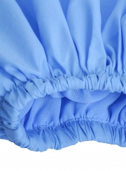 Blue Women's High Neck Long Wide Lantern Sleeve Solid Button Down Shirt
