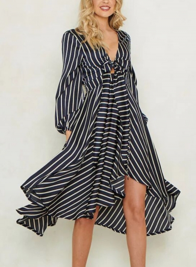 Black Women's Casual Striped V Neck Long Sleeve Loose Irregular Mini Dress YOUYOUFASHIONEC.com