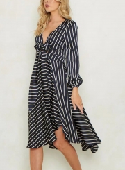 Black Women's Casual Striped V Neck Long Sleeve Loose Irregular Mini Dress