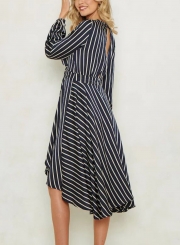 Black Women's Casual Striped V Neck Long Sleeve Loose Irregular Mini Dress