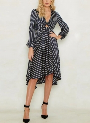 Black Women's Casual Striped V Neck Long Sleeve Loose Irregular Mini Dress