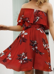 Red Women's Sexy Boho Floral Printed One Shoulder Elastic Waist Midi Dress