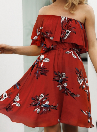 Red Women's Sexy Boho Floral Printed One Shoulder Elastic Waist Midi Dress YOUYOUFASHIONEC.com