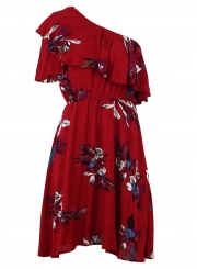 Red Women's Sexy Boho Floral Printed One Shoulder Elastic Waist Midi Dress