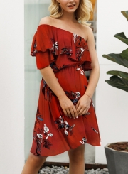 Red Women's Sexy Boho Floral Printed One Shoulder Elastic Waist Midi Dress