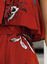 Red Women's Sexy Boho Floral Printed One Shoulder Elastic Waist Midi Dress