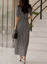 Geometric Printed High Slit Maxi Dress With Belt