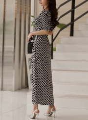 Geometric Printed High Slit Maxi Dress With Belt