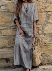Long Sleeve V Neck Linen Cotton Loose Striped Long Maxi Dress